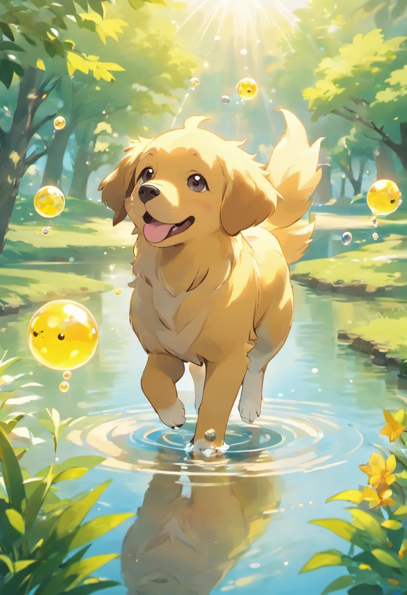 A poignant ultra-high-definition 3D scene showing a Golden Retriever, With Pokémon Making a Wish Next to a Tranquil Lake. lindamente renderizado em detalhes, is seen gently blowing bubbles into the air, each carrying a hopeful desire. As bolhas captam o reflexo do sol poente, criando um sonhador, magical effect. The general atmosphere is tender, full of hope and serenity