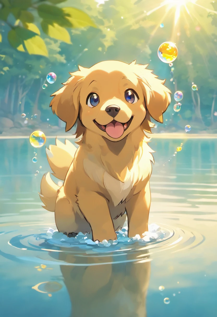 A poignant ultra-high-definition 3D scene showing a Golden Retriever, With Pokémon Making a Wish Next to a Tranquil Lake. lindamente renderizado em detalhes, is seen gently blowing bubbles into the air, each carrying a hopeful desire. As bolhas captam o reflexo do sol poente, criando um sonhador, magical effect. The general atmosphere is tender, full of hope and serenity