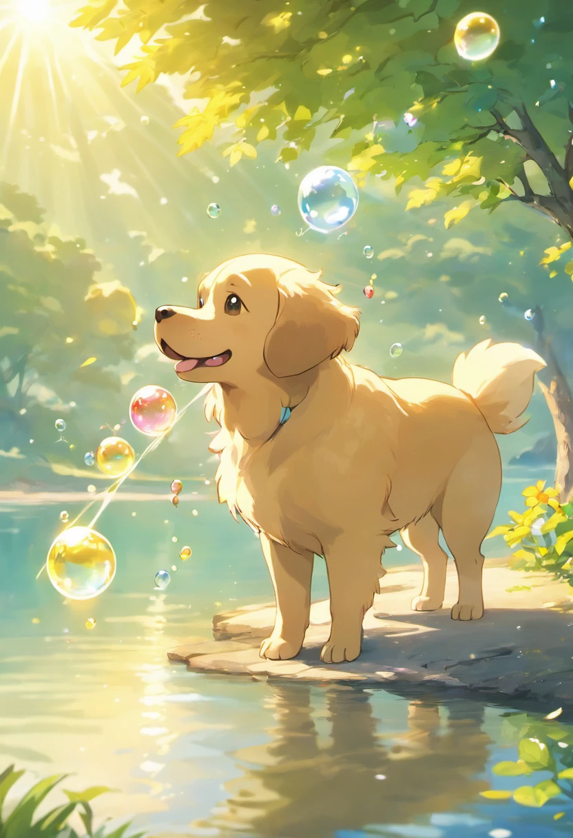 A poignant ultra-high-definition 3D scene showing a Golden Retriever, With Pokémon Making a Wish Next to a Tranquil Lake. lindamente renderizado em detalhes, is seen gently blowing bubbles into the air, each carrying a hopeful desire. As bolhas captam o reflexo do sol poente, criando um sonhador, magical effect. The general atmosphere is tender, full of hope and serenity