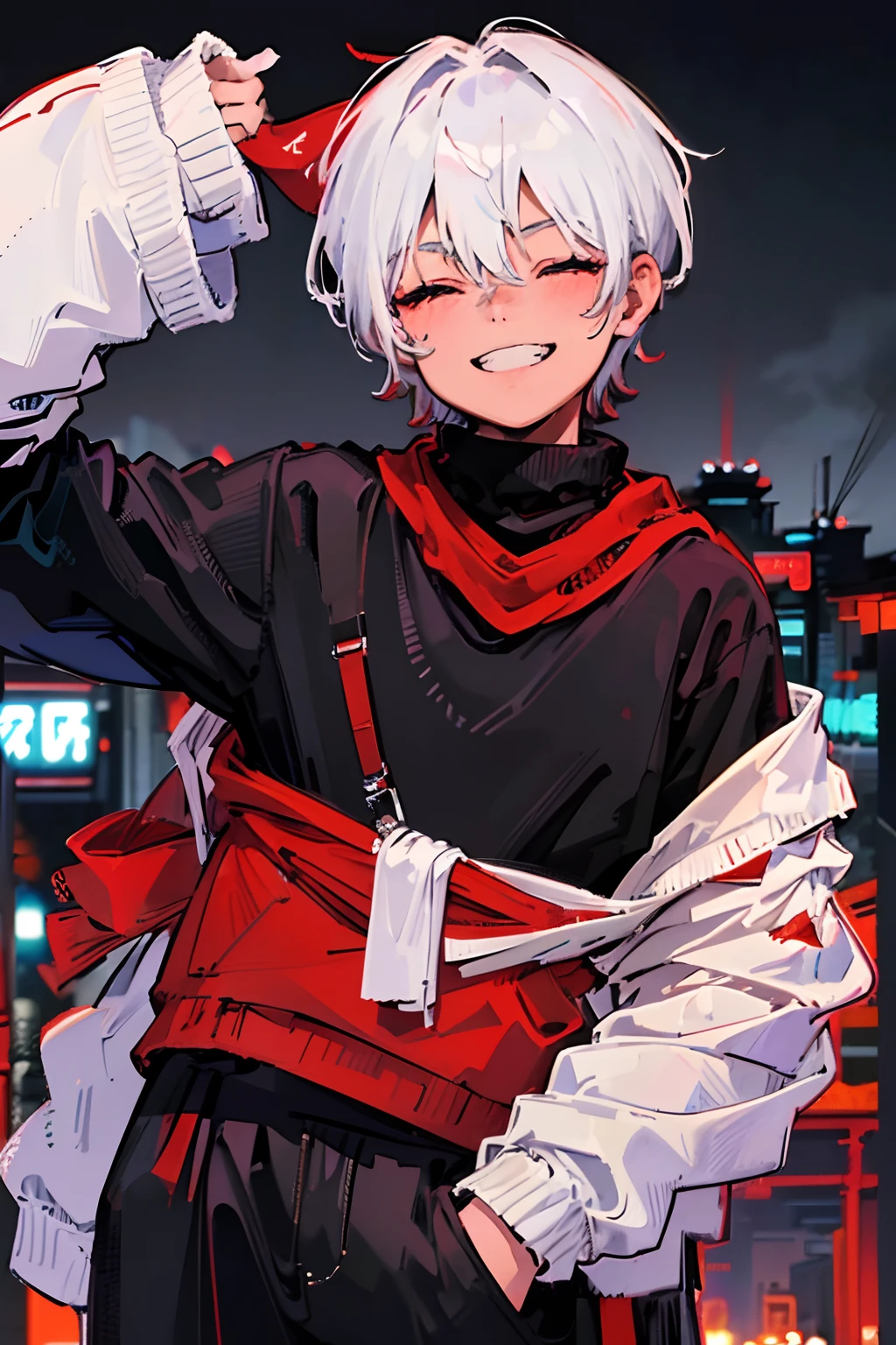 1boy, male, man, teenager, , short, white hair, short hair, closed eyes, red bandana, adorned bandana, ((black sweater)), black clothes, ((tokyo background)), smiling, white teeth, happy, side view, cowboy shot