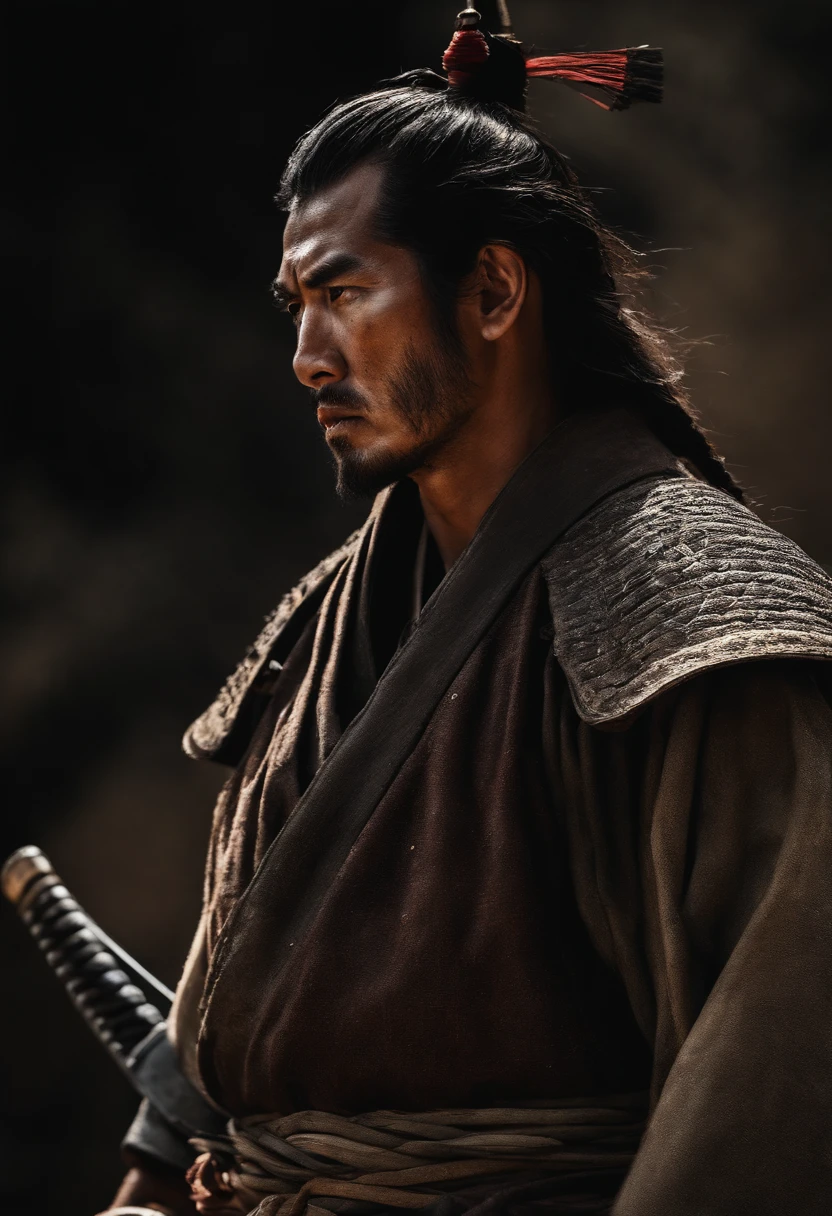 Samurai looks at the enemy, stands after the battle, fear and horror on his face, tired and beaten, sand on his face mixed with sweat, an atmosphere of darkness and horror, hyper realistic photo, In post - production, enhance the details, sharpness, and contrast to achieve the hyper - realistic effect