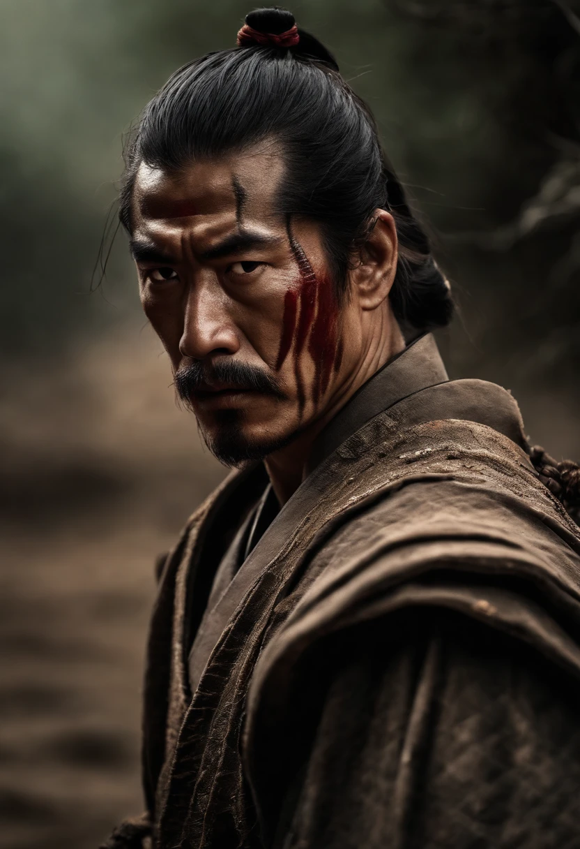 Samurai looks at the enemy, stands after the battle, fear and horror on his face, tired and beaten, sand on his face mixed with sweat, an atmosphere of darkness and horror, hyper realistic photo, In post - production, enhance the details, sharpness, and contrast to achieve the hyper - realistic effect