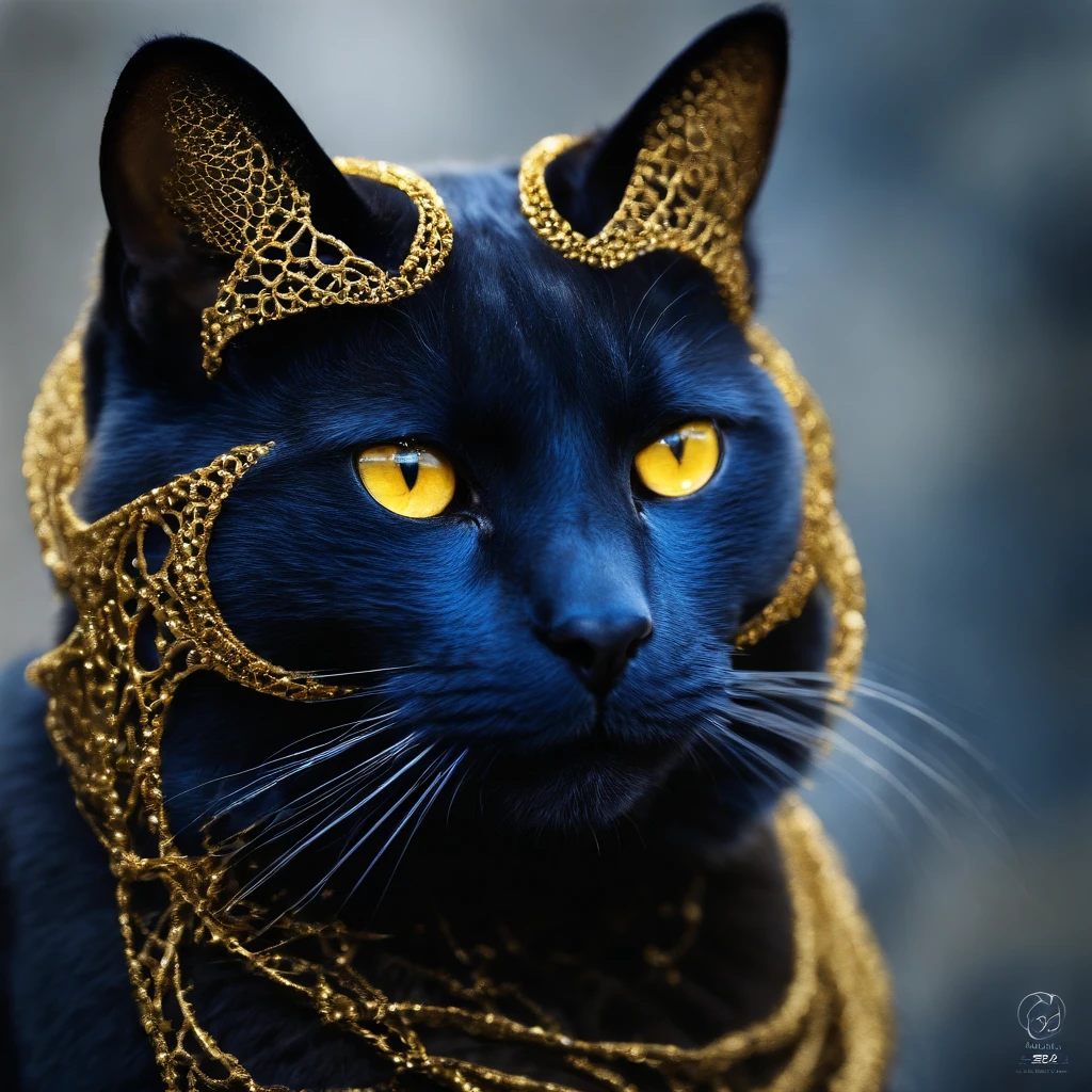 a blue cat with yellow eyes on an acrylic canvas, in the style of intricate surfaces, made of liquid metal, infinity nets, dark gold and indigo, photorealistic wildlife art, yup'ik art, algorithmic artistry —ar 9:16 —c 11 —s 555 —v 5.1 —ar 9:16 —q 5
