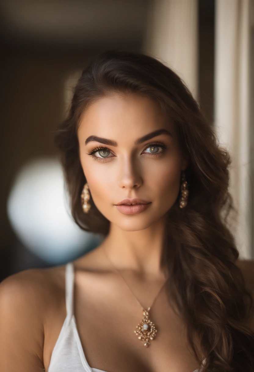 Arafed woman with a white tank top and necklace, fille sexy aux yeux verts, Portrait Sophie Mudd, cheveux bruns et grands yeux, selfie of a young woman, Yeux de chambre, Violet Myers, sans maquillage, maquillage naturel, looking straight at camera, Visage avec Artgram, Maquillage subtil, Superbe photo du corps entier, piercing green eyes