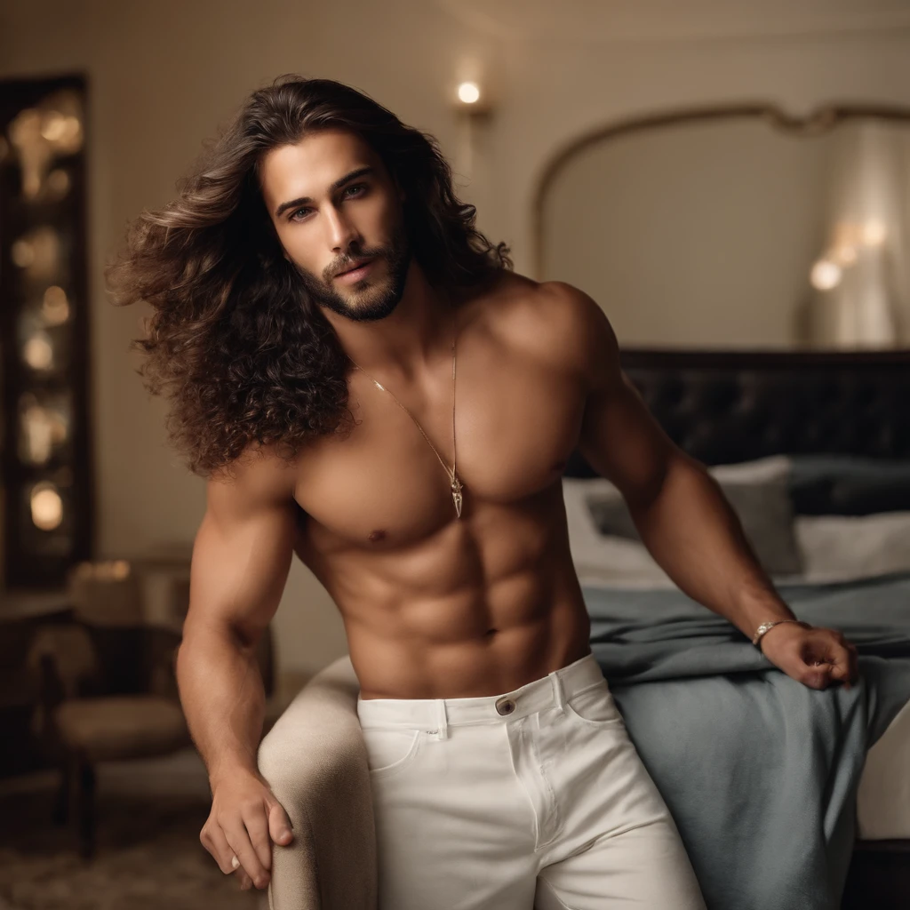 Homem caucasiano, com cabelo loiro claro, olhos claros e forte. Sem blusa, somente com uma toalha de banho na cintura. In the scenario it should be at the door of the room, de um apartamento de luxo. Isso tudo deve ser noite.