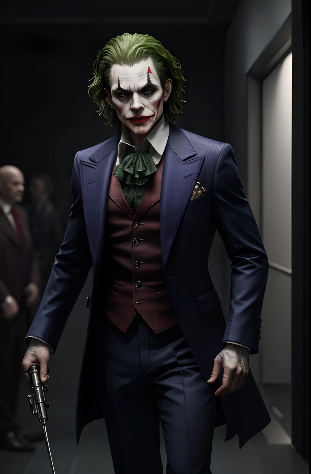 (8k, RAW photo, best quality, masterpiece:1.2), ultra detailed, official art, photo-realistic:1.37, upper body shot, DC Joker, film grain, action pose