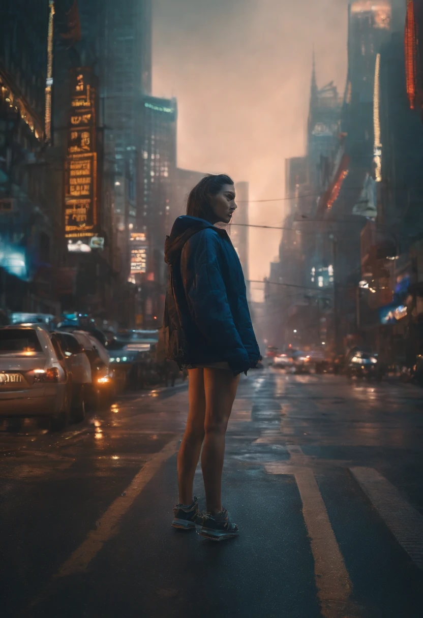 (Masterpiece), Best Quality, extra high resolution,small girl, Cyberpunk 1girl flies over a stunning cityscape ,hoodie,Blue hair, Neon color of shooting stars, extra very long hair, off-shoulder, Decoration of hair feathers, neon colors, Flashes, Stunning night sky, Cinematic lighting, Photorealistic, Realistic skin, HDR,Fisheye