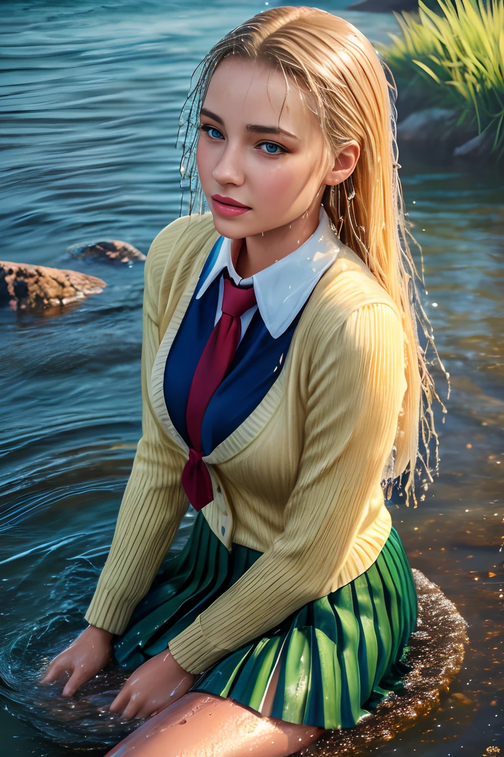 20 yo woman in a school uniform is sitting in the water, long sleeves, cardigan, (tie), ((pleated skirt)), closeup fantasy with water magic, beautiful maiden, wearing a skirt made of water, cleavage, realistic oil painting, dripping wet, in water up to her shoulders, beautiful realistic painting, nymph in the water, hyperrealist portrait in a river, hyperrealistic fantasy art, splashing, realistic fantasy painting, cute shot, narrow depth of field, 8k, nsfw, ((drenched)), ((soaked)), (dripping water), dripping oil, heavy clothes, soaked in oil, wet all over, rouge lipstick, wet dripping hair, blonde hair