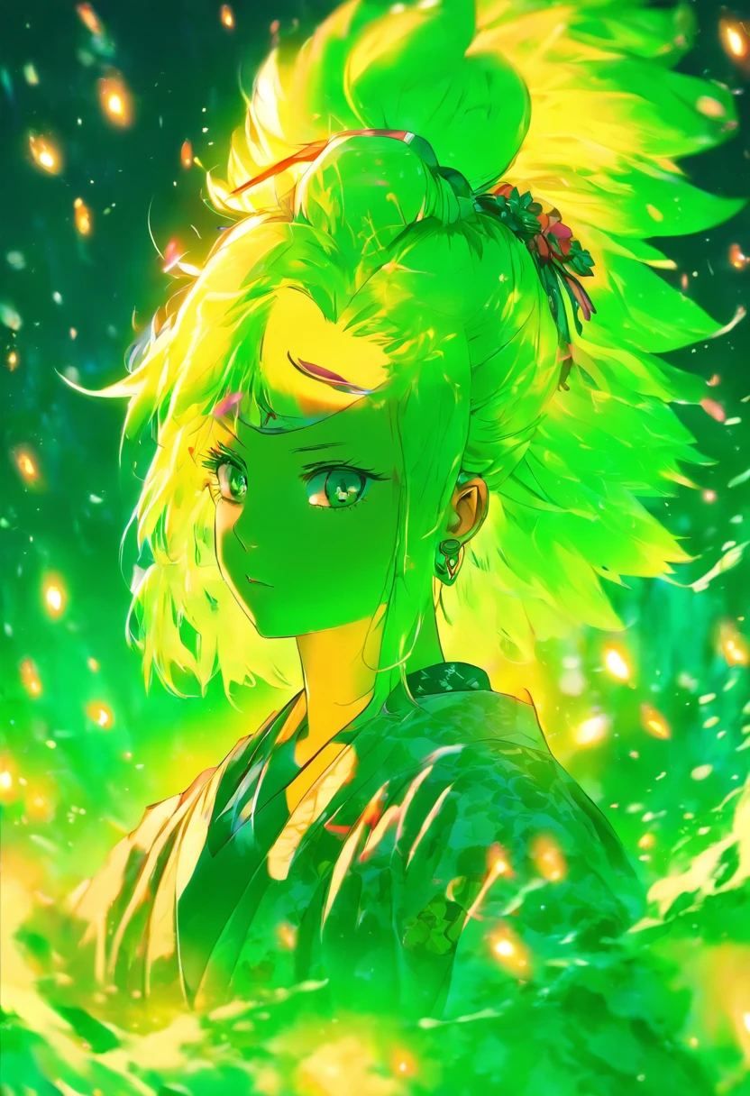 1girl, yamato_5000, white hair, green hair, gradient hair, horns, wanostyle, ring earrings, ((masterpiece)), ((best quality)), extremely detailed, bloom, kimono, traditional clothing, depth of field, sketch, dark intense shadows, sharp focus, soft lighting, darkness, good composition, solo, outdoors, night, from below, upper body,