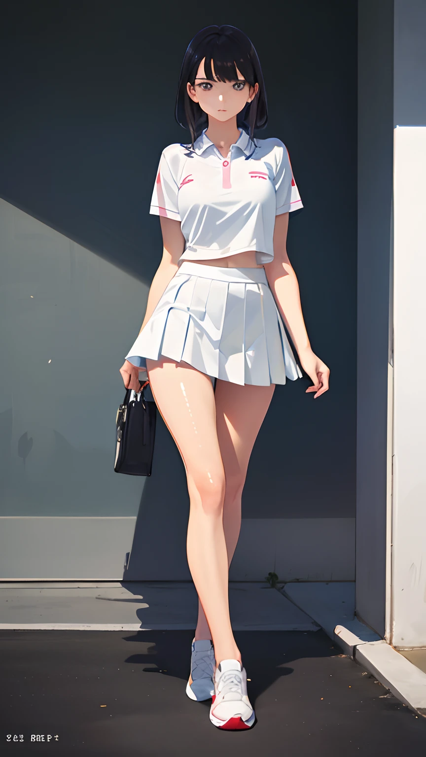 1girl in, White polo shirt, White sneakers, Tennis Wear, White pleated mini skirt, masterpaintings, best qualtiy, Photorealsitic, ultra-detailliert, (shiny skins, perspired:1.4), looking at the spectator, With long black hair, black eyes,slender,dynamic light and shadow,hight resolution,Sharp Focus,depth of view,The eyes are delicate,Sharp pupils,pupil realistic,(skinny thigh:1.0),outside of house,Skysky