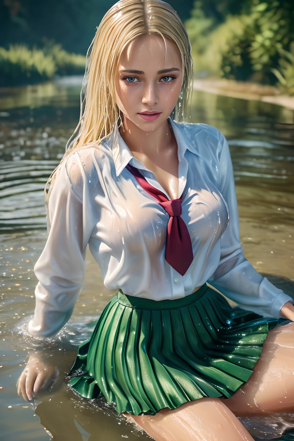 20 yo woman in a school uniform is sitting in the water, long sleeves, cardigan, (tie), ((pleated skirt)), closeup fantasy with water magic, beautiful maiden, wearing a skirt made of water, cleavage, realistic oil painting, dripping wet, in water up to her shoulders, beautiful realistic painting, nymph in the water, hyperrealist portrait in a river, hyperrealistic fantasy art, splashing, realistic fantasy painting, cute shot, narrow depth of field, 8k, nsfw, ((drenched)), ((soaked)), (dripping water), dripping oil, heavy clothes, soaked in oil, wet all over, rouge lipstick, wet dripping hair, blonde hair