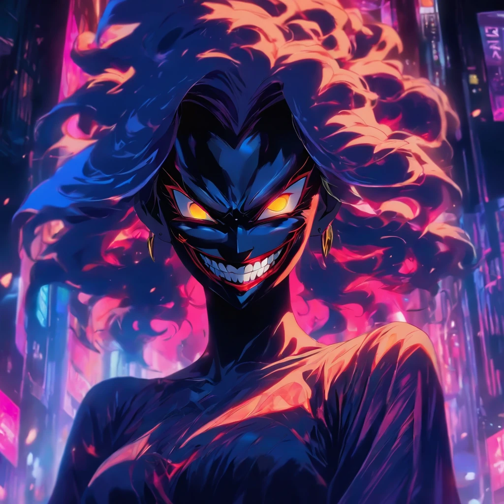 Evil woman standing staring with evil smile, using smiling mask