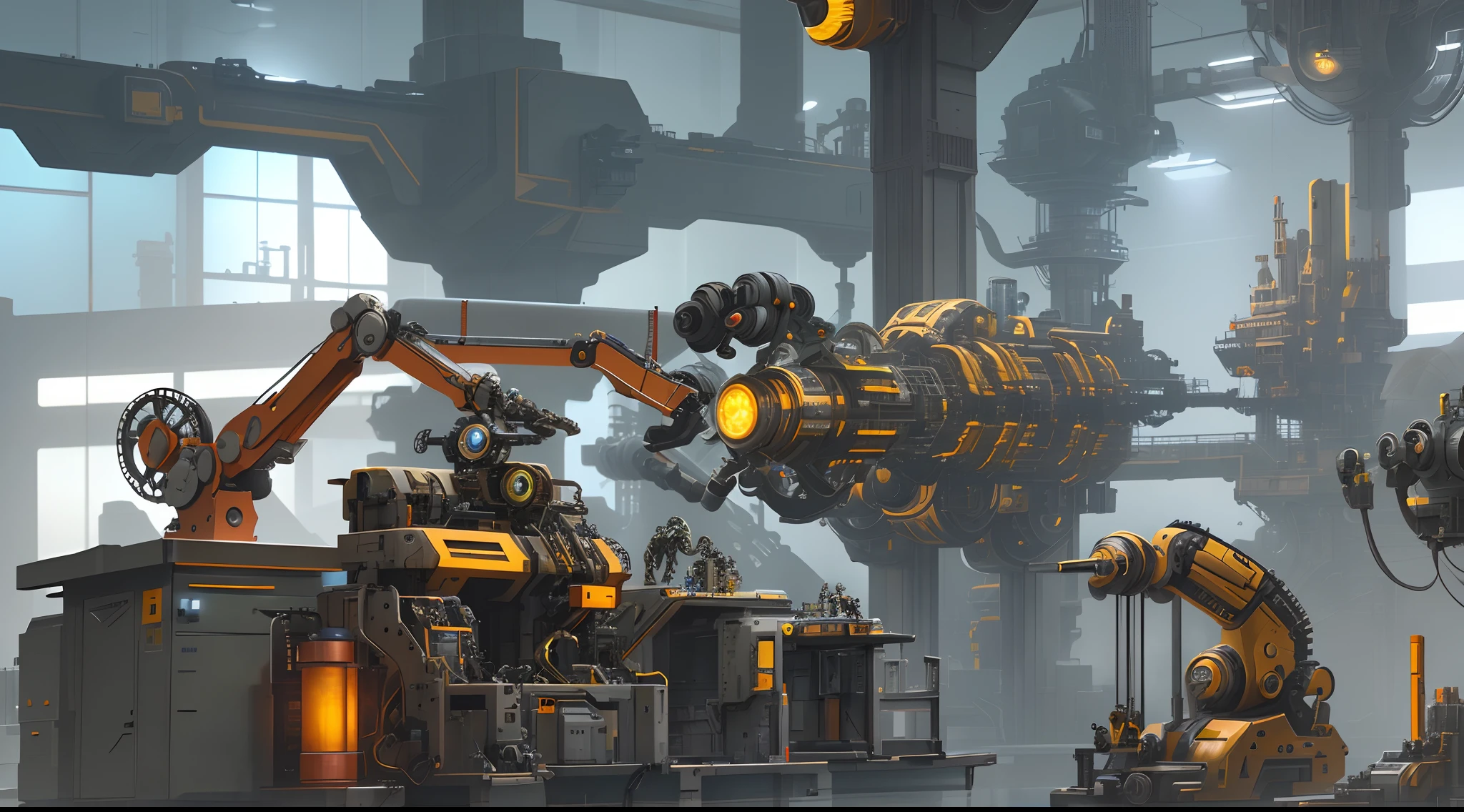 There are three robotic arms on the scientific machinery workbench (background is mechanical technology factory 1.5) (spark 1.8) masterpiece: 1.3) (futuristic technology 1.5) (sci-fi 1.3) with unparalleled masterpiece, surreal 8K, perfect artwork, super detail, best quality, masterpiece 4K wallpaper aesthetics, masterpiece, award-winning artwork, official art