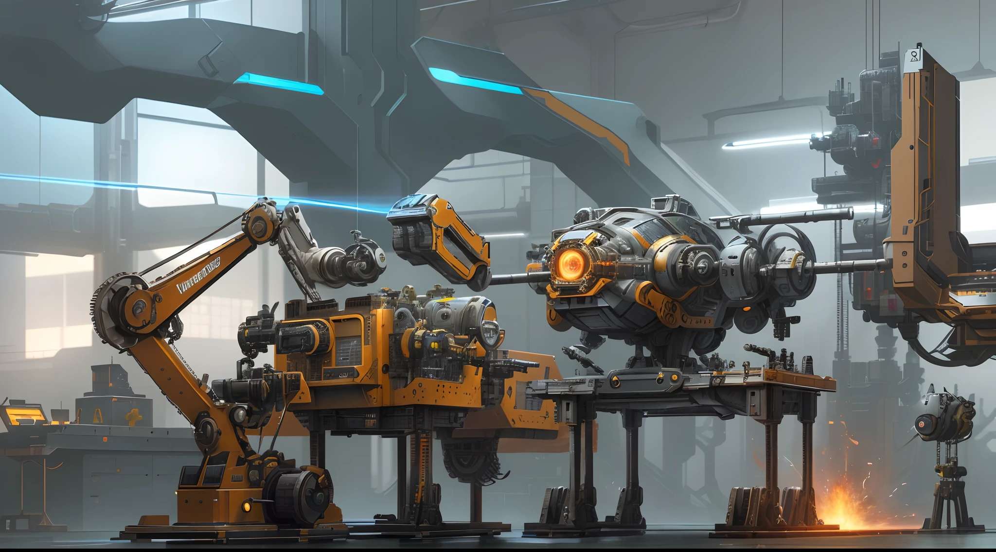 There are three robotic arms on the scientific machinery workbench (background is mechanical technology factory 1.5) (spark 1.8) masterpiece: 1.3) (futuristic technology 1.5) (sci-fi 1.3) with unparalleled masterpiece, surreal 8K, perfect artwork, super detail, best quality, masterpiece 4K wallpaper aesthetics, masterpiece, award-winning artwork, official art