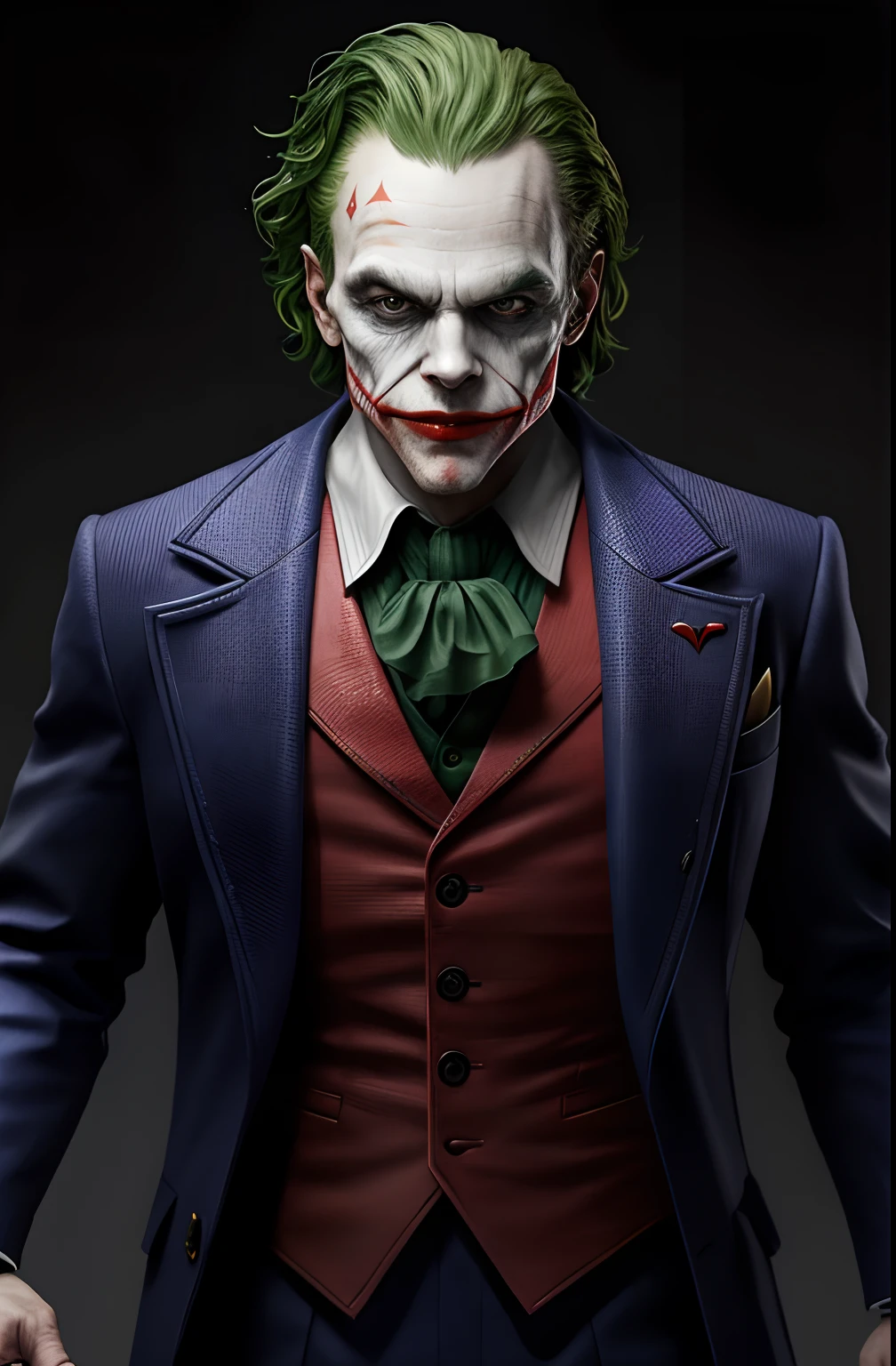 (8k, RAW photo, best quality, masterpiece:1.2), ultra detailed, official art, photo-realistic:1.37, upper body shot, DC Joker, film grain, action pose