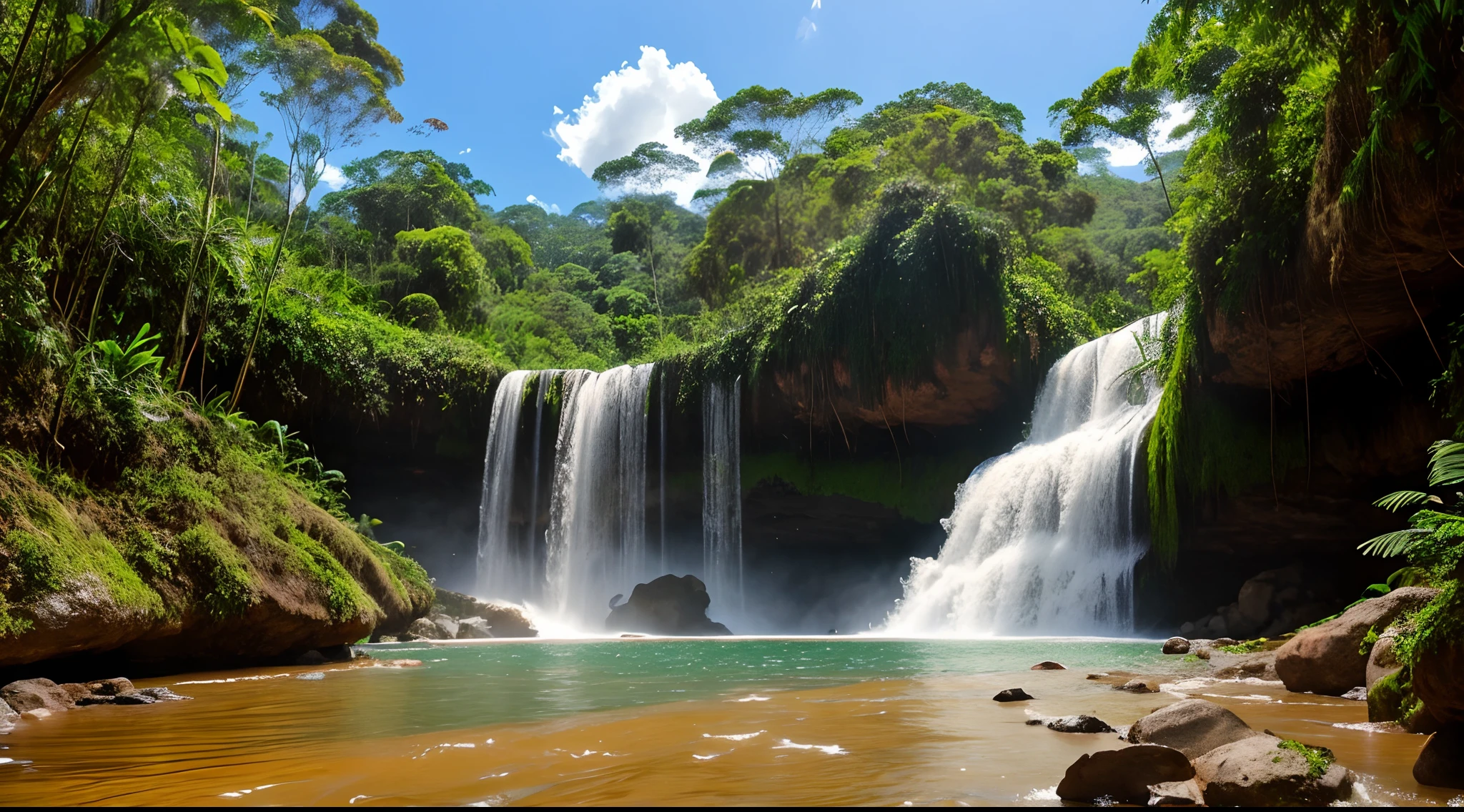 cachoeira, lots of water, real, floresta, plantas, beautiful sky without clouds, animais no bosque