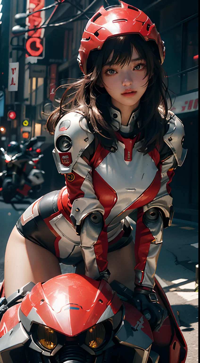 Highest image quality, outstanding details, ultra-high resolution, (fidelity: 1.4), the best illustration, favor details, highly condensed 1girl, with a delicate and beautiful face, wearing a red mecha, wearing a mecha helmet, holding a direction controller, riding on a motorcycle, the background is a high-tech lighting scene of the future city.