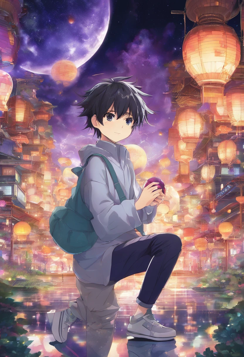Din is a 13-year-old boy with fair skin and delicate features. He's very cute with spiky brown hair and a purple gi, he's wearing pants that match the gi and he's looking at a magical artifact which is a small purple glowing ball that floats in his hands. He stands there watching its glow that spreads across the entire image in detailed anime style.