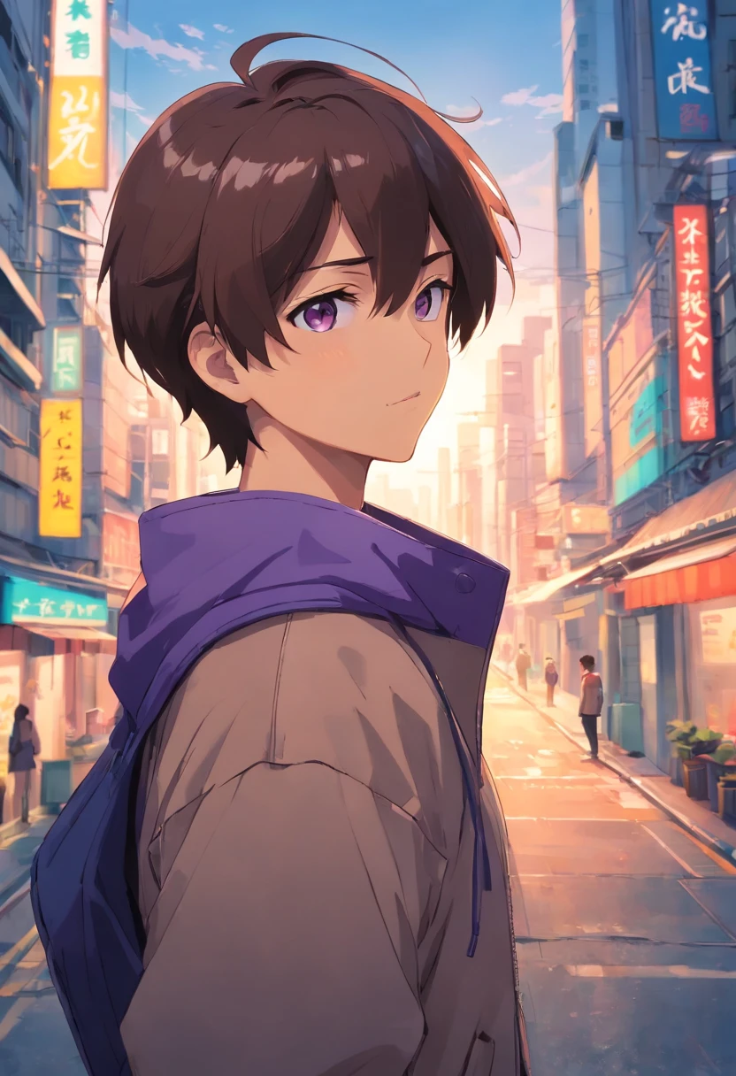the presence of a beard on the face,profile,Composition of the upper body,Makoto Shinkai's painting style,japanes,Ridicule,35-year-old dandy man,A tall man,a beard, Delicate facial features like an actor,dark hair in the middle part,, Wearing a white t-shirt and purple jacket, Intense muscles, eyes are brown, Hong Kong Background