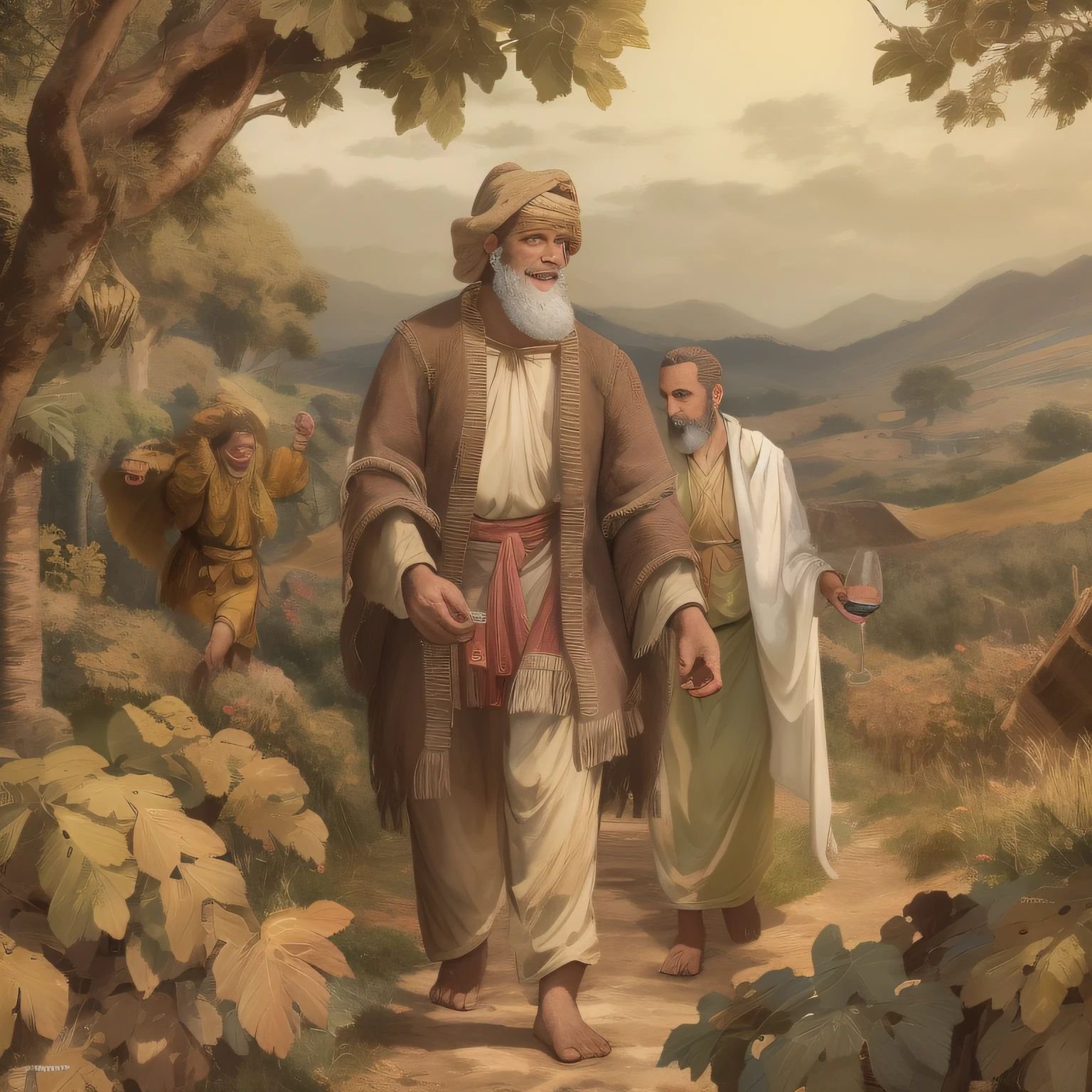 O deus do vinho caminhando entre os camponeses, sorrindo,  figura imponente, mythological setting, cabelo branco, barba branca, vestes longas transpassando o abdome, glass of wine in hand, visto de longe, corpo inteiro.