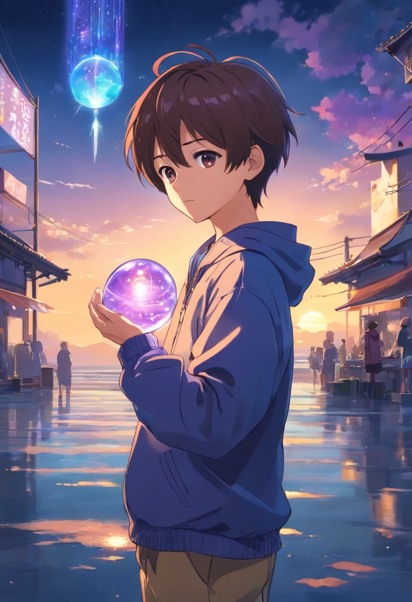 Din is a 13-year-old boy with fair skin and delicate features. He's very cute with spiky brown hair and a purple gi, he's wearing pants that match the gi and he's looking at a magical artifact which is a small purple glowing ball that floats in his hands. He stands there watching its glow that spreads across the entire image in detailed anime style.