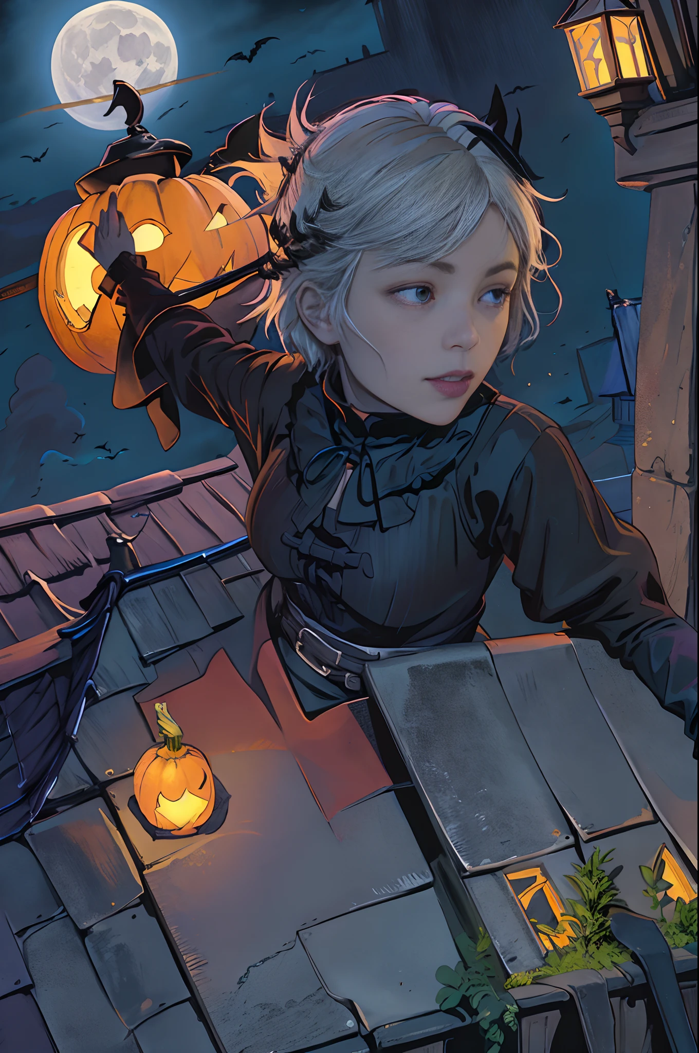 Top image quality、masterpiece、Vivid coloring、witch's hat、Pumpkin Lantern、Halloween、Aerial perspective、thirds rule、Norse man1People Beautiful Girl、slightly smaller eyes、Pretty small face、Light makeup、Platinum blonde short hair、middlebreasts、tall、sitting on the rooftop、Full body like、cloaks、Black Gloves、long-sleeve、gothic dress、the bats、Old mansion、Stone House々Light is leaking、streetlights、fullmoon