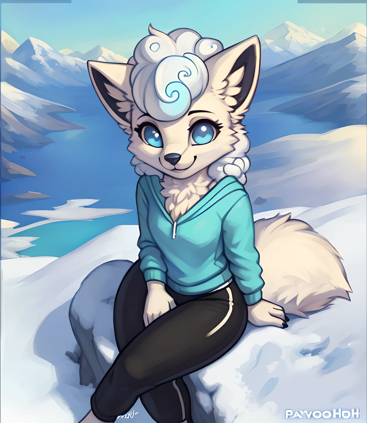 [ALOLA_VULPIX], [pokemon], [Uploaded to e621.net; (Foxovh), (Pixelsketcher), (mayosplash)], ((masterpiece)), ((solo portrait)) ((bird's-eye view)), ((full body)), ((furry)), ((detailed fur)), ((detailed shading)), ((beautiful render art)), {female anthro fox; (white fur), curly white hair, curly fox tail, cute light blue eyes, happy smile, (beautiful feet), (black claws)}, {cyan sweatshirt, (black spandex yoga pants)}, {(sitting on wall), (legs crossed)}, [background; (mountain), (blue sky), (snow), ]