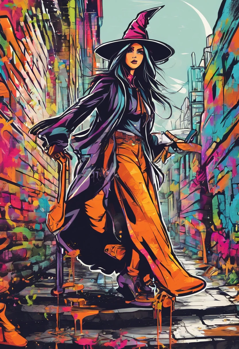 Prompt: graffiti, witch, riding with the broom full picture, high resolution high contrast
