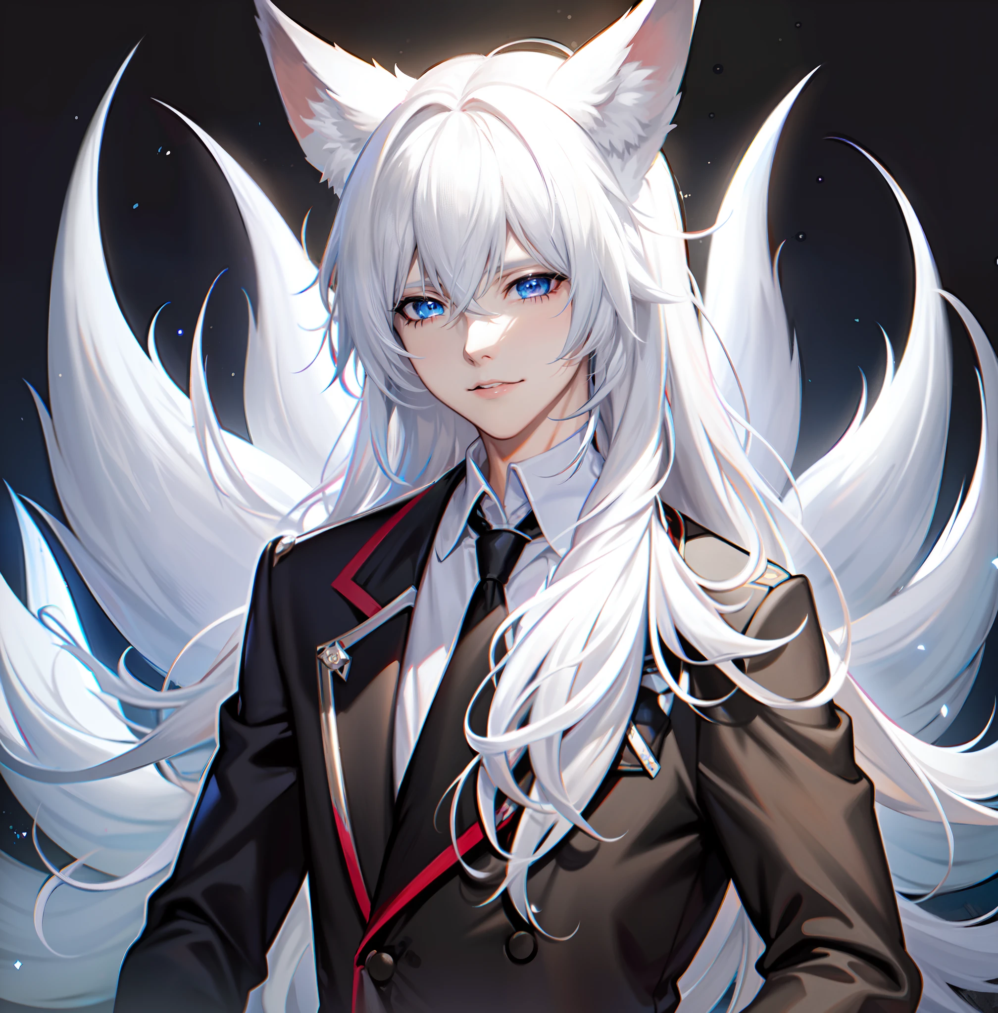 anime character with white hair and a black jacket and tie, ((Detailed Blue eyes)) white - haired fox, white fox anime, vampire white fox, white fox ears, white fox, yee chong silverfox, white haired deity, three - tailed fox, detailed anime character art, from arknights, white haired, anime character, male anime character, nyaruko-san ((anime style))