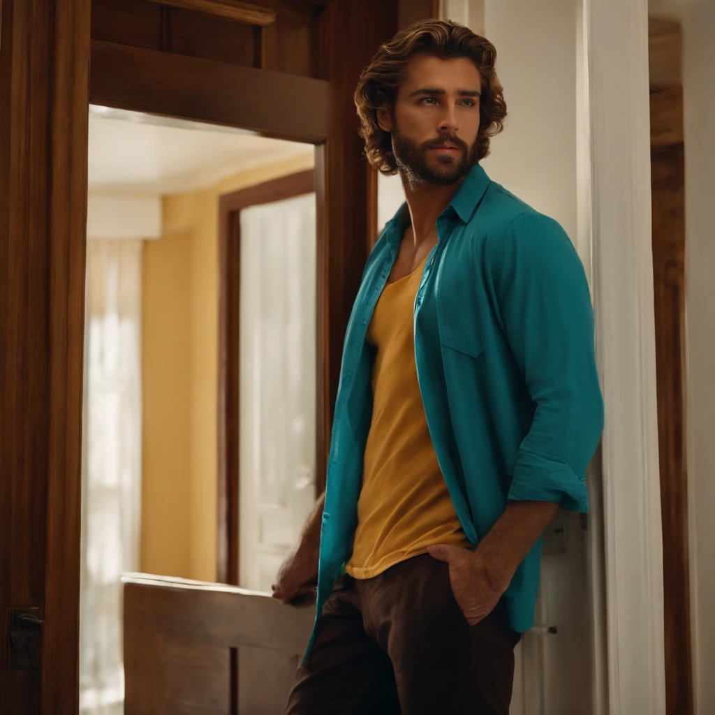 homem caucasiano, com cabelo loiro claro, olhos claros e forte. Ele deve estar sem blusa, somente com uma toalha de banho na cintura, standing at the door. Em um apartamento de luxo.