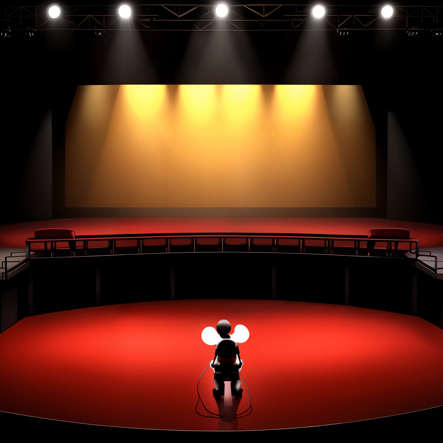 arafed chair sitting on a stage with a microphone and a lamp, empty stage, on a stage, theatre stage, theater stage, stage photography, on the stage, photo of a big theaterstage, footage of a theater stage, empty stools, in an empty black room, completely empty, on an empty stage from above, on stage mickey mouse standing