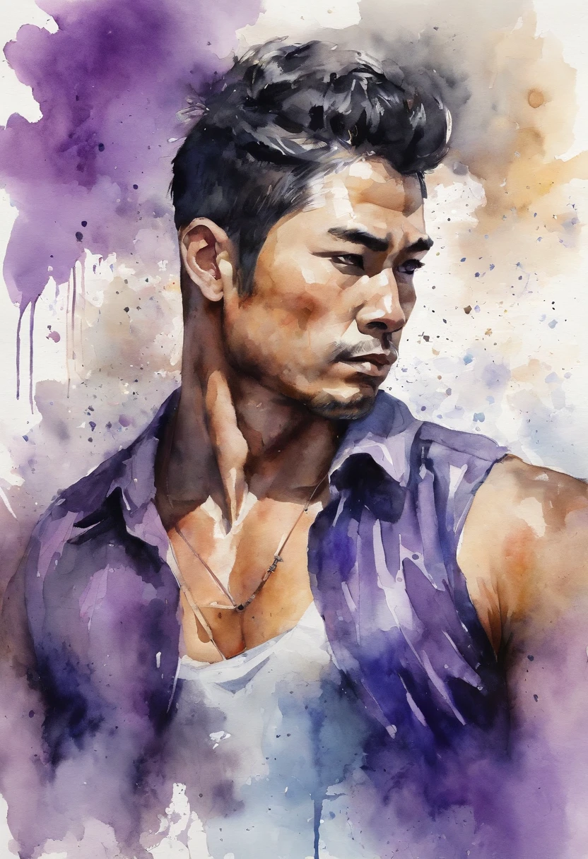japanese male,A tall, Black hair with blonde highlights, Wearing a purple shirt, Intense muscles, Blue eyes, Neon Street