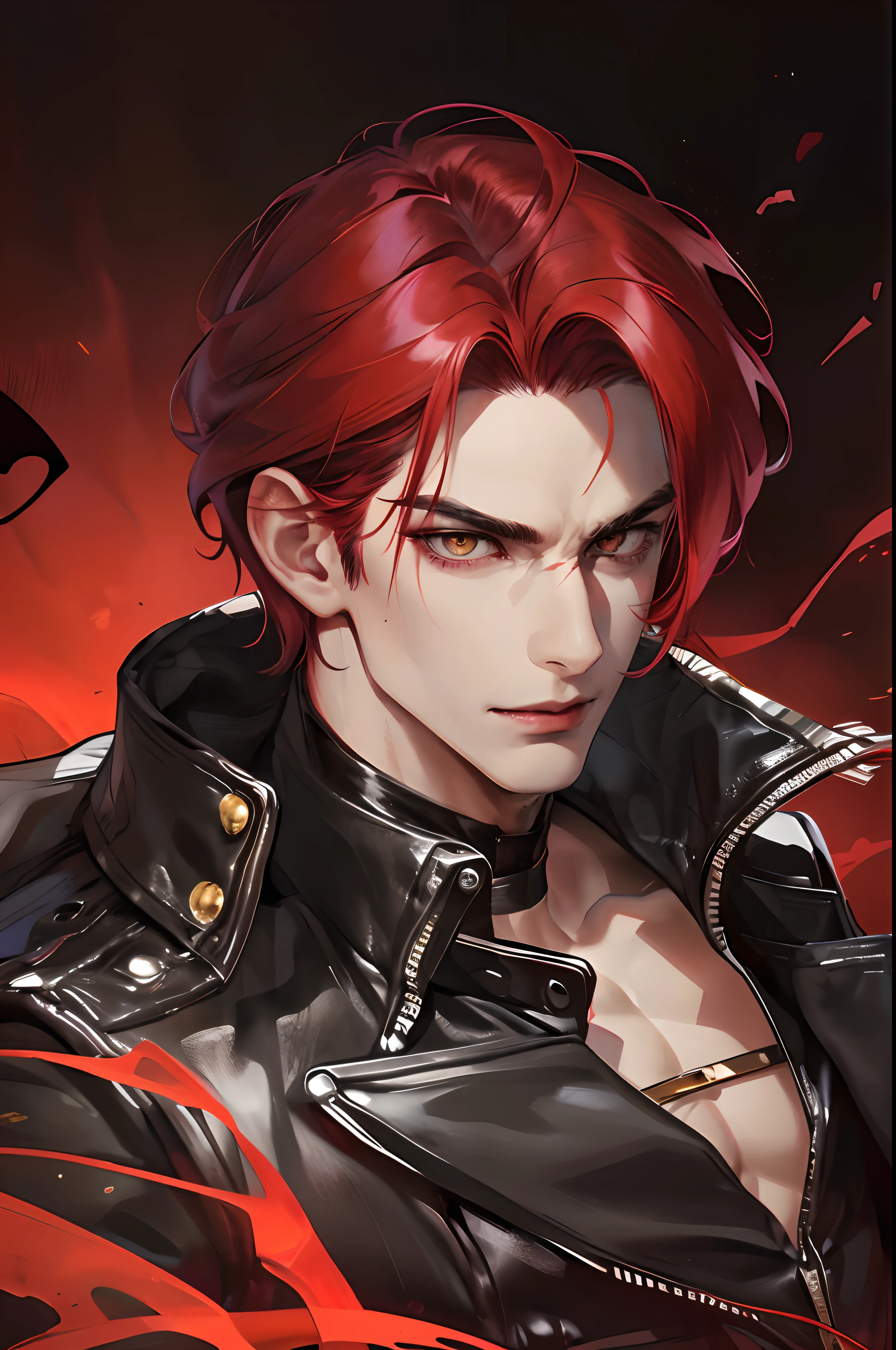 cover for a book, photography of a demon sexy man, a solo man, (((man))), (masculine face), 35 years old, demon, bad boy, (gold eyes), expressive look, red fire hair, (((dark background))), shine hair, unshaven, black suit, long sleve jacket, super detailed face, perfect body, perfect shapes, realistic image, award winning photography, 8k, (((perfect shiny eyes)))