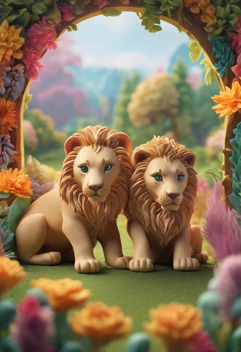 a stunning photo of a couple lion surrounded by plants in a flower meadow, 8k resolution concept art( intricate details:1.2), sunlight, (high quality:1.2), trending on artstation, 8k, absurdres, extremely detailed fur, (close up:1.1)
