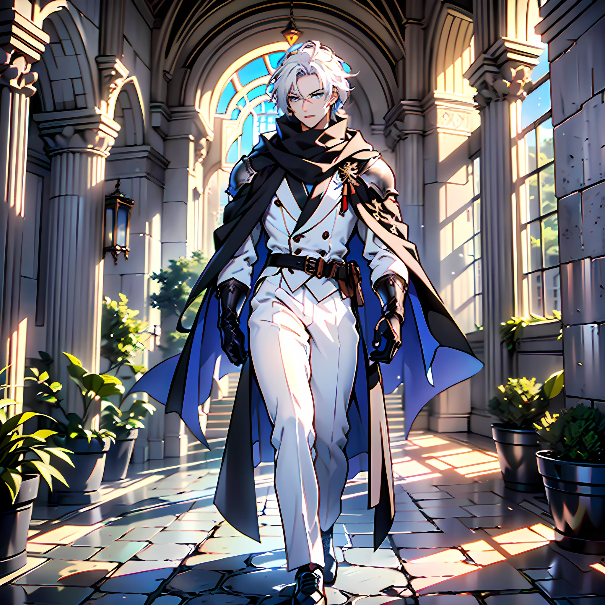 ((Anime art, man with a good physique, mature man)) ((Best quality, masterpiece, best resolution, breathtaking scenery, 4k quality, clear full HD image, high clarity)), ((a character, standing, alone in the scene, facing the viewer)), (knight's outfit, white noble blouse, white noble pants, black dress shoes, cloak with white scarf with black details, white gloves), (light blue eyes, light blue details in the hair, short white hair, expressionless look, pale skin, well-shaped lips), ((interior of a castle, walking through the scene, dawn light through the castle windows))