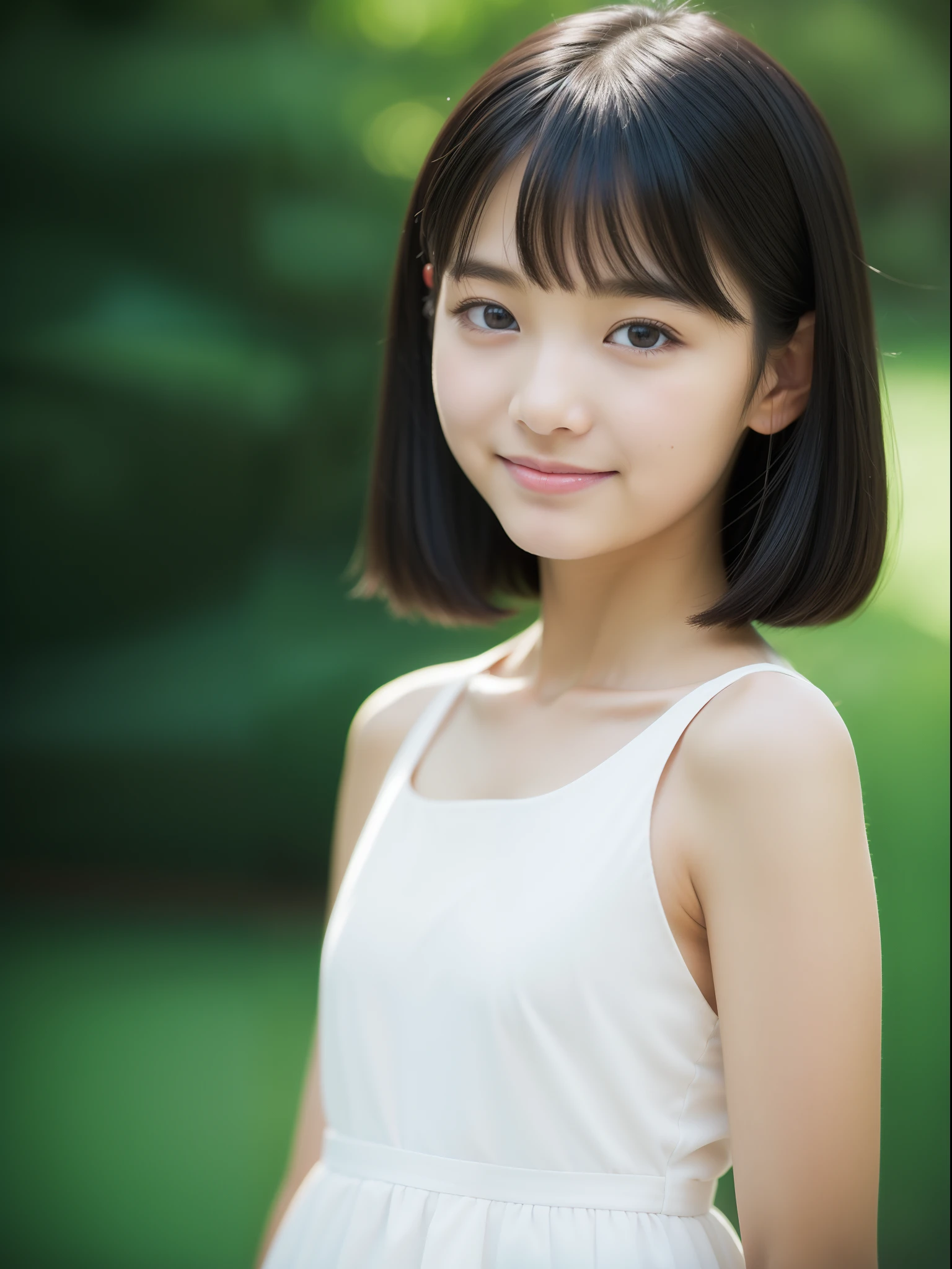 Neat and clean , petite person, (slim, ll, Flat, Small), Fashionable black hair, Photorealistic, detail, Detailed skin texture, Ultra Detail, Delicate collarbones, Smile, Super Detailed Face, Detailed lips, Detailed eyes, (10years old girl)、Delicatebrows、short neck、Professional Photography、(watching at viewers)、silk dresses、f lare、Unique Beautiful Girl、30mm prime lens、softfocus