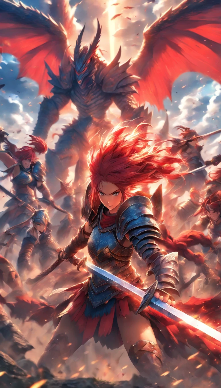 1 girls in armor with long sword, gladiator Blue and red hair fight against devils with, Dragon-like wings hinder clouds and forest, UHD, masterpiece, anatomically correct, high details, super detail, textured skin, best quality, 8k