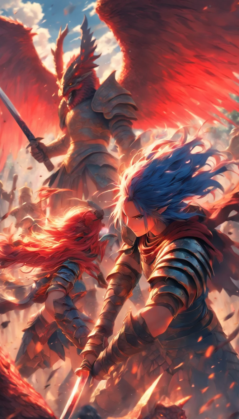 1 girls in armor with long sword, gladiator Blue and red hair fight against devils with, Dragon-like wings hinder clouds and forest, UHD, masterpiece, anatomically correct, high details, super detail, textured skin, best quality, 8k