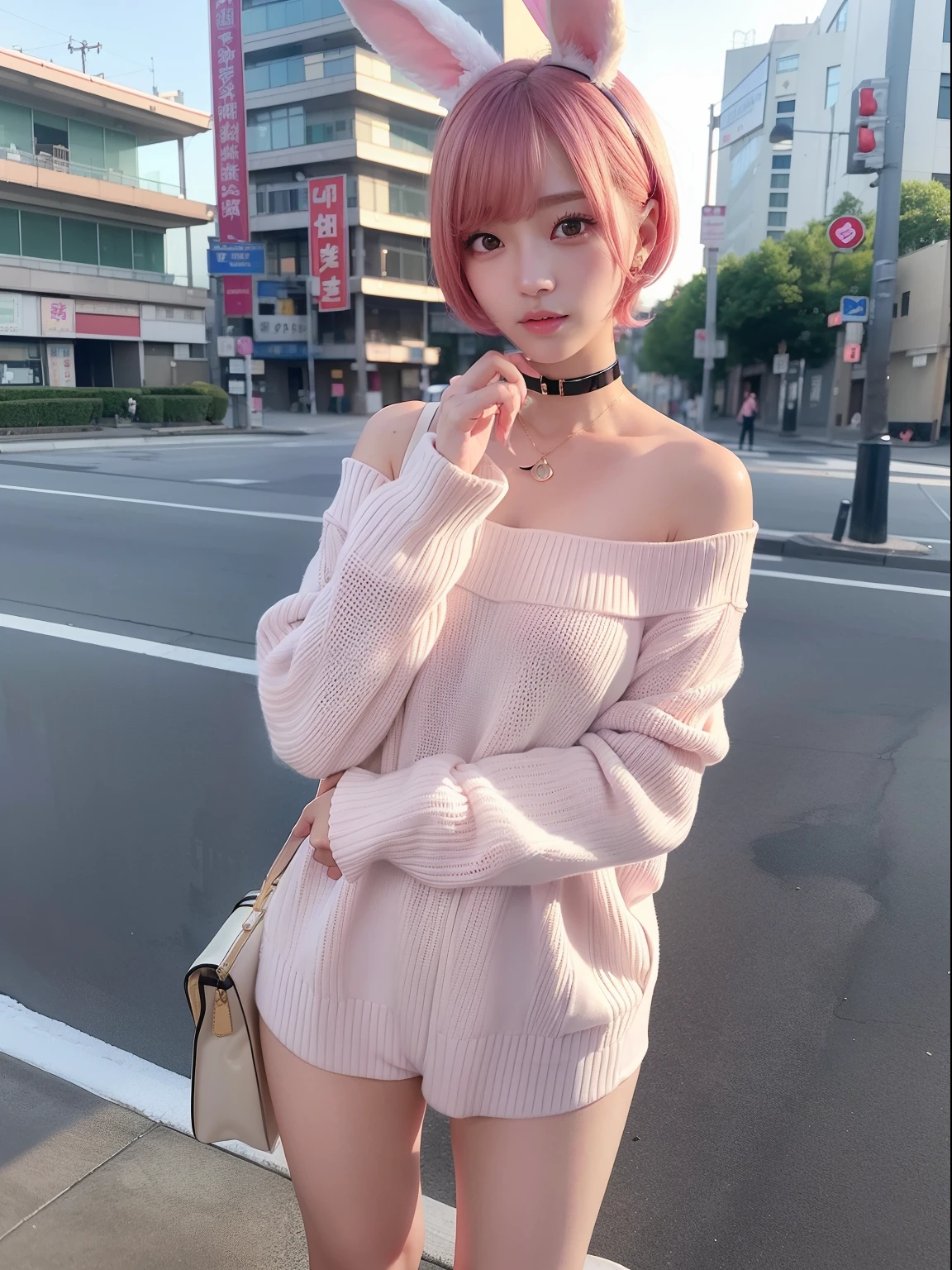 1girl, alternative, asymmetrical clothing, thigh highs, long socks, pink color theme, handbag