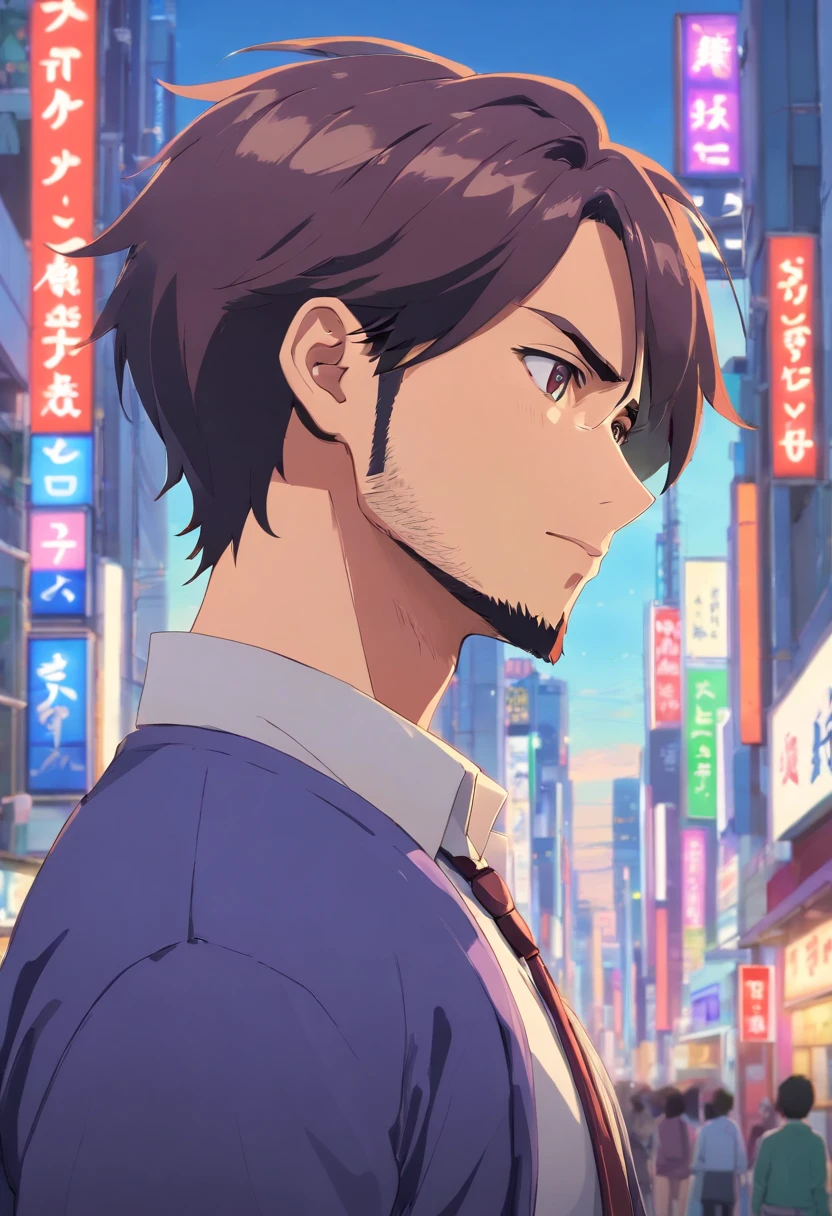 Groomed beard,40-year-old dandy man,profile,Composition of the upper body,Makoto Shinkai's painting style,japanes,Ridicule,A tall man,a beard, Delicate facial features like an actor,Short-haired true black hair, Wearing a purple Y-shirt, Intense muscles, eyes are brown, The city of Shinjuku