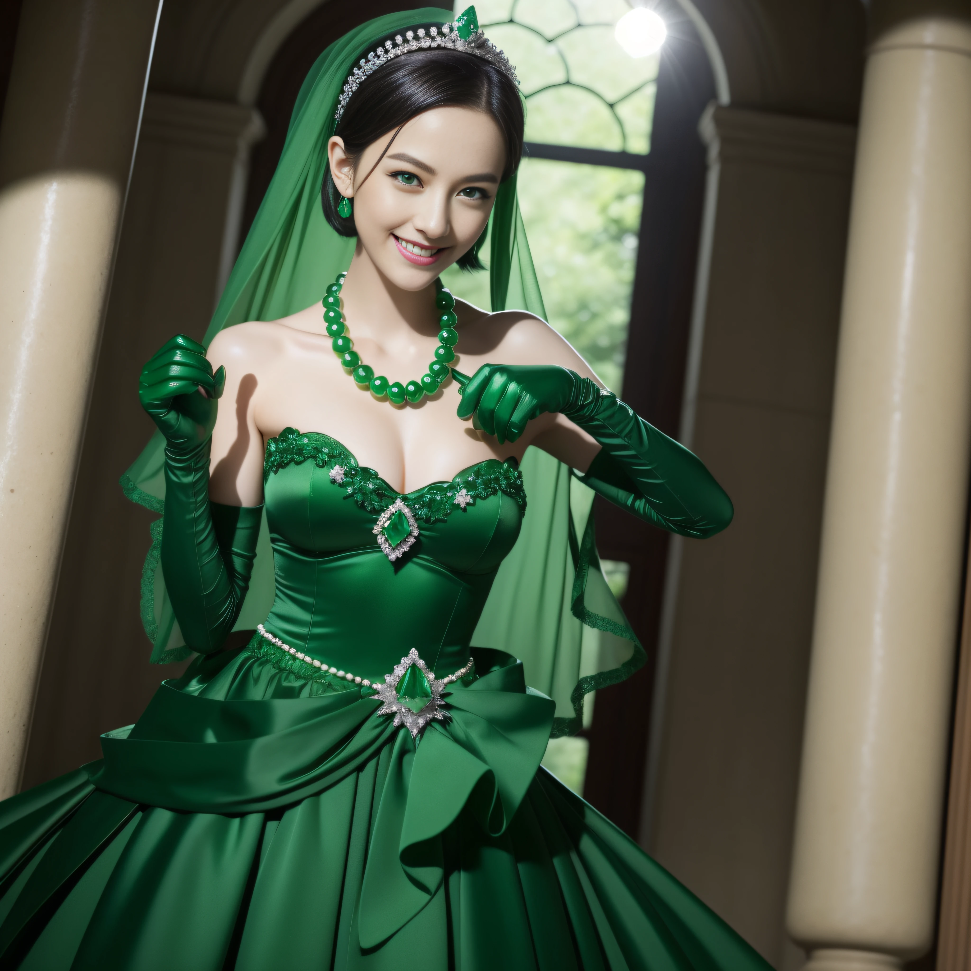 emerald tiara, Green Pearl Necklace, Boyish very short black hair, lipsticks, Japan woman smiling, very short short hair, big breasts beautiful, Green eyes, Long green gloves made of satin material, Green eyes