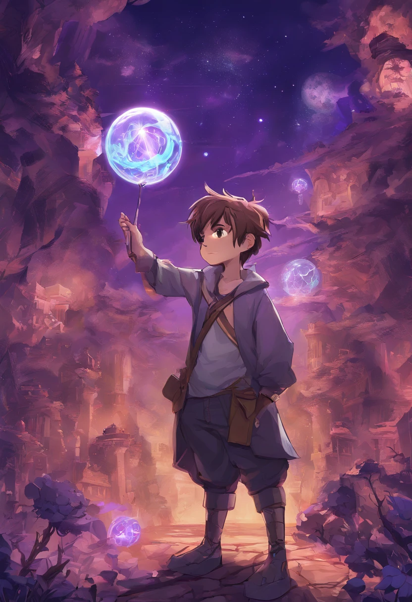 Din is a 13-year-old boy with fair skin and delicate features. He's very cute with spiky brown hair and a purple gi, he's wearing pants that match the gi and he's looking at a magical artifact which is a small purple glowing ball that floats in his hands. He stands there watching its glow that spreads across the entire image in detailed anime style.