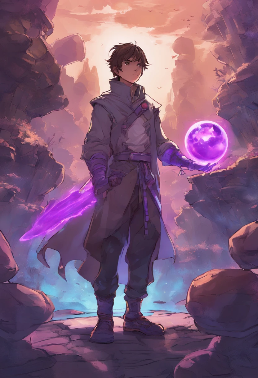 Din is a -yeld boith fair skin and delicate features. He's very cute with spiky brown hair and a purple gi, he's wearing pants that match the gi and he's looking at a magical artifact which is a small purple glowing ball that floats in his hands. He stands there watching its glow that spreads across the entire image in detailed anime style.