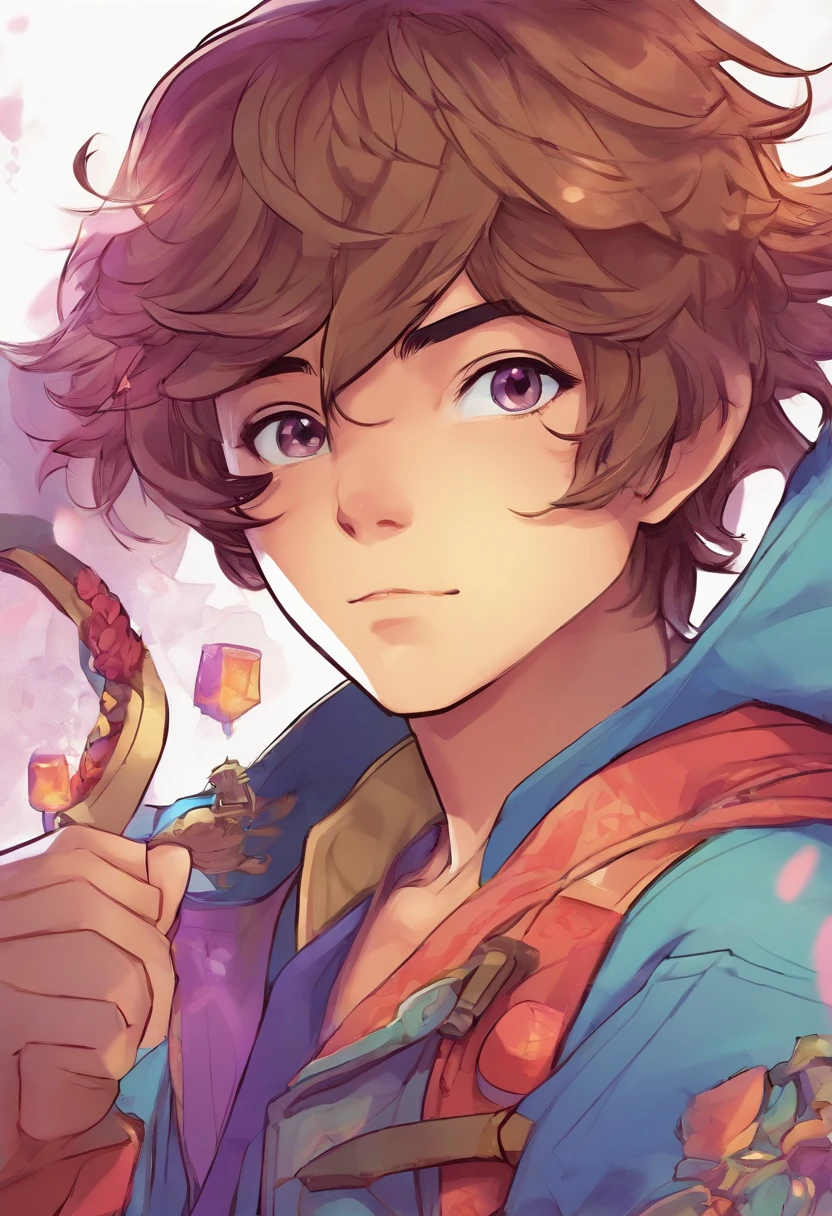 Din is a 13-year-old boy with fair skin and delicate features. He's very cute with spiky brown hair and a purple gi, he's wearing pants that match the gi and he's looking at a magical artifact which is a small purple glowing ball that floats in his hands. He stands there watching its glow that spreads across the entire image in detailed anime style.