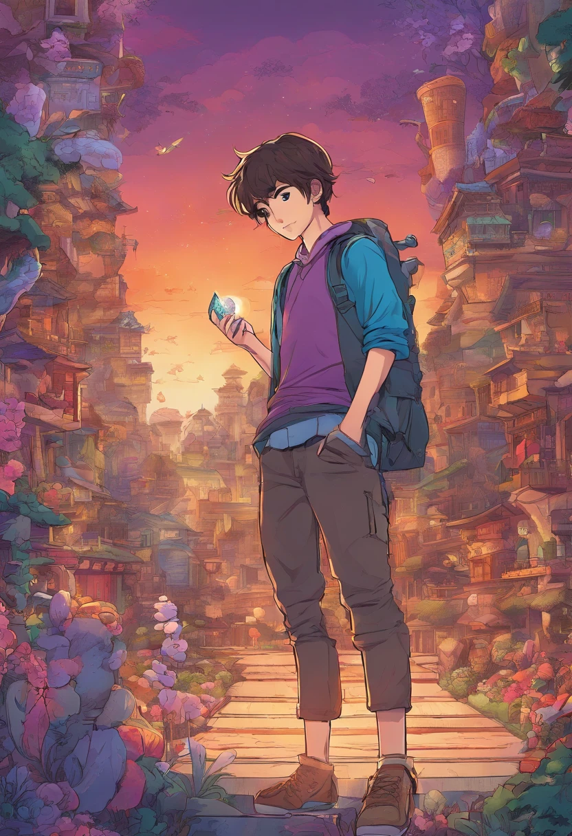 Din is a 13-year-old boy with fair skin and delicate features. He's very cute with spiky brown hair and a purple gi, he's wearing pants that match the gi and he's looking at a magical artifact which is a small purple glowing ball that floats in his hands. He stands there watching its glow that spreads across the entire image in detailed anime style.