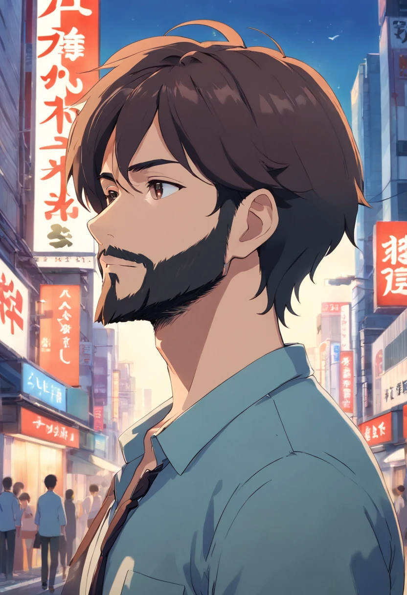 Groomed beard,40-year-old dandy man,profile,Composition of the upper body,Makoto Shinkai's painting style,japanes,a smile,A tall man,a beard, Delicate facial features like an actor,Short-haired true black hair, Wearing a black Y-shirt, Intense muscles, eyes are brown, The city of Shinjuku