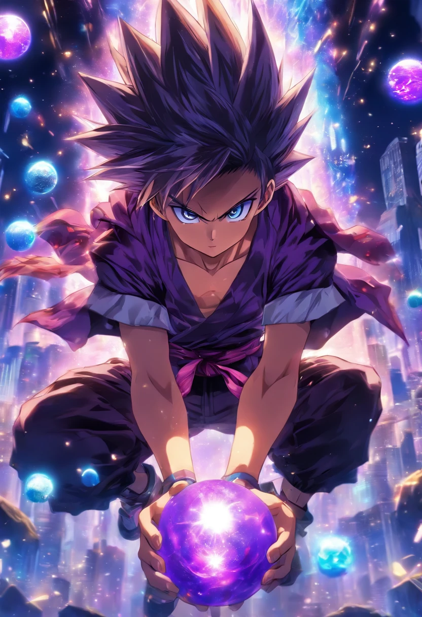 Din is a -yeld boith fair skin and delicate features. He's very cute with spiky brown hair and a purple gi, he's wearing pants that match the gi and he's looking at a magical artifact which is a small purple glowing ball that floats in his hands. He stands there watching its glow that spreads across the entire image in detailed anime style.