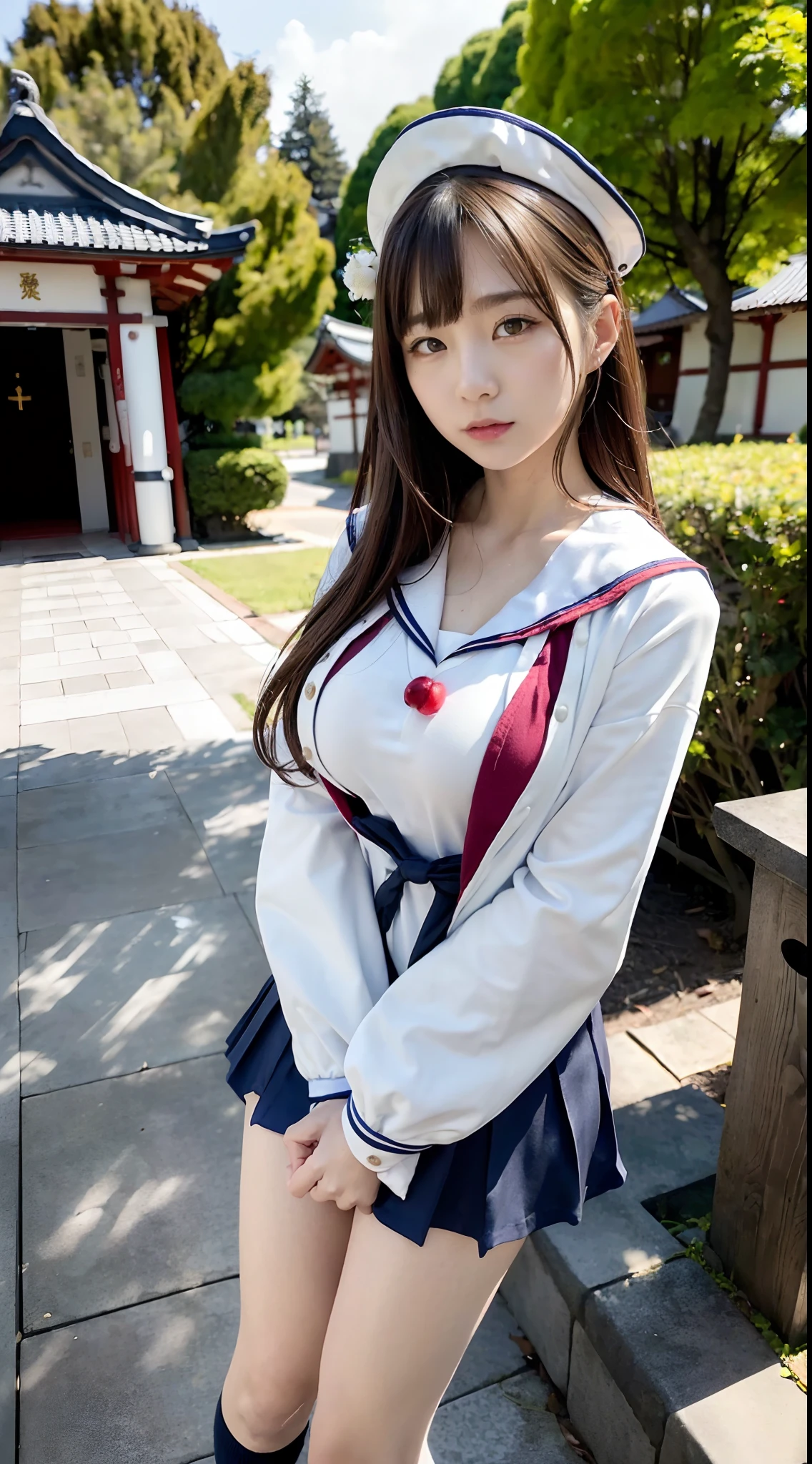 mix4, (16 K, Raw photography, Top image quality, ​masterpiece: 1.45), (realisitic, Photorealsitic: 1.37), one girls, 7．5, etc、Random hairstyle、Standing figure，Noon time slot、a very cute, Precincts of the shrine,, profetional lighting, photon maping, a park、physically-based renderingt, Gradient dark brown hair,, a handsome, Well-groomed and beautiful eyes、Large double eyelids、Very shiny、girl with, (((student clothes、White long sleeve sailor suit worn by Japan high school girl、red cuffs、Dark blue mini skirt, Small gray beret、Dark blue knee-high socks、Black loafers))), Top Quality Photos, hight resolution, 1080p, (clearface), (Detailed face description), (Detailed hand description), (​masterpiece), (Exquisite CG)、extreme light and shadows、dishevled hair、master work、abundant detail、(Fine facial features)、(top quality photo)、(masuter piece)、(A detailed eye)、Look in front of you、Fine clavicle、((Slender big))、(((Japan schoolgirl in long-sleeved sailor suit:0.7)))、((Ready Idol System))、((Precincts of the shrine、torii gate、Tesuisha、Komainu))、(Shooting from random perspectives)、(((Neat and cute)))、耳Nipple Ring、A big smile、Drawing the whole body from the knees、Do not draw nasolabial folds、(((Long-sleeved sailor suit)))、(Big breasts that hang down big:1.2)、Big buttocks with tension、Two arms and two legs、(((from the front side:0.7)))、bare hand、No mask、