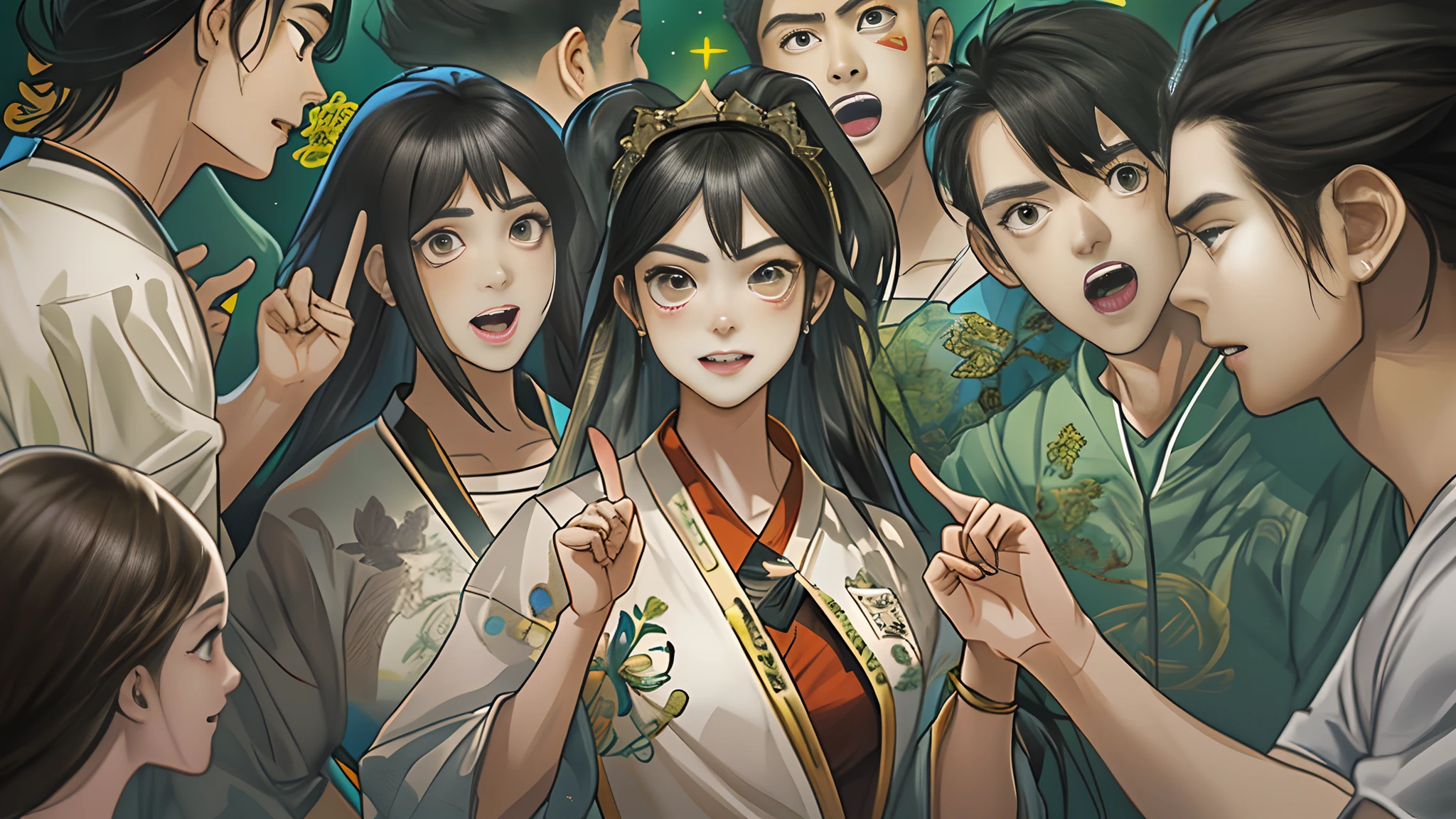 A group of passionate fans gathered, Agree with each other. among others, A young girl is full of anger and dissatisfaction when she faces the camera, Point to an invisible target. The expressions of the fans around are also varied, Some smiles, Some people shake their heads, And some applause, ,in the style of the stars art group xing xing, 32K, Best quality, Masterpiece, Super detail, High details,