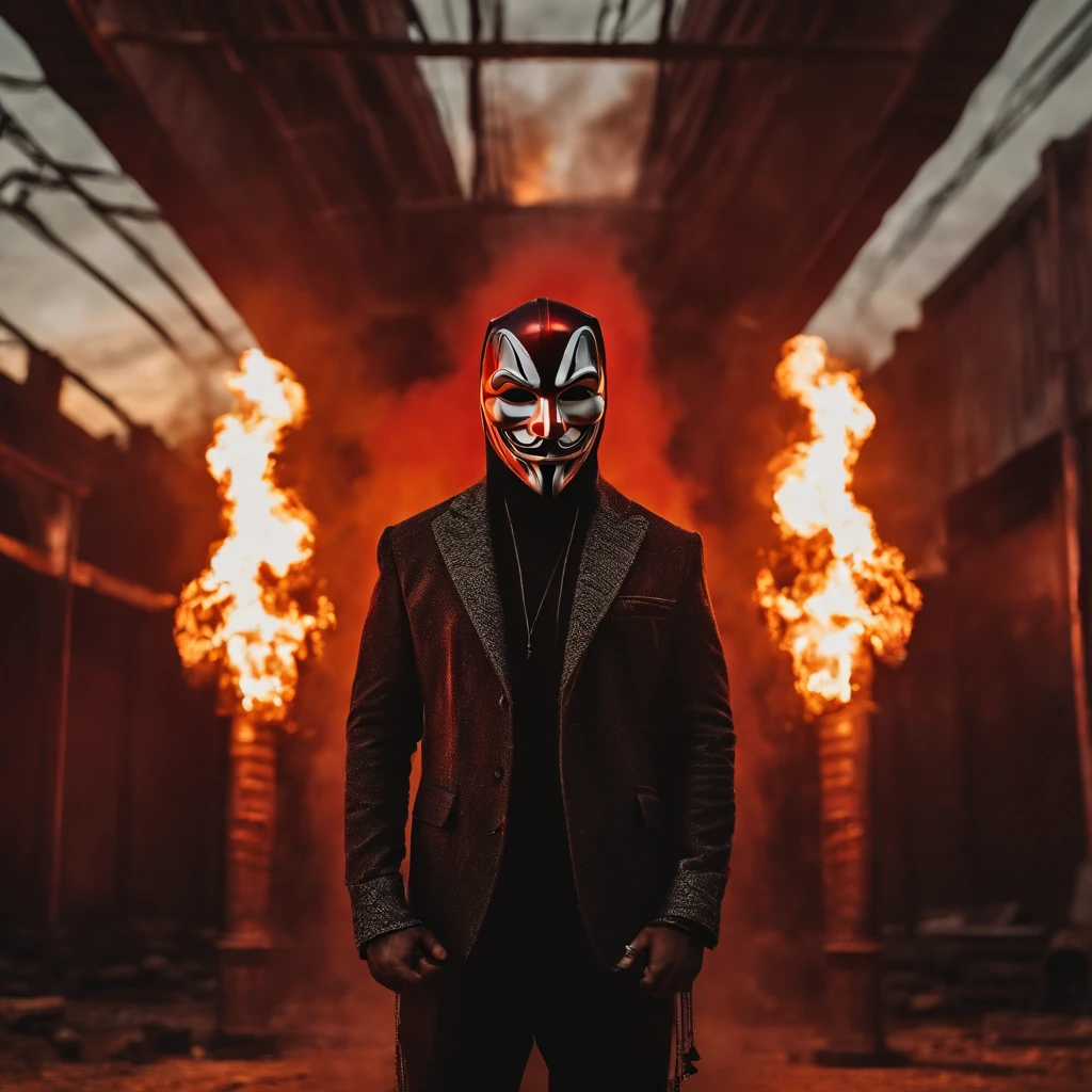 A men with anonymous mask, strong sense of camera, chains, background flames, red and yellow tones, realistic, full body shot, 8K, superb detail —ar 9:16 —q
